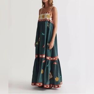 Boho Floral A Line Maxi Dress with Square Neck & Spaghetti Straps, Green, Size M